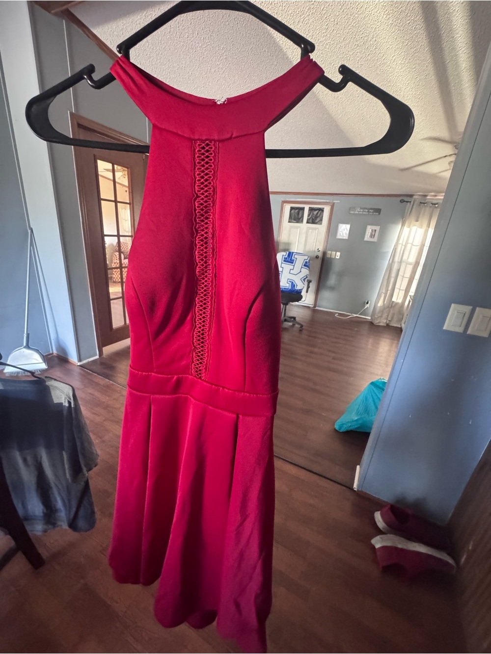 Jodi Kristopher Red Backless Halter Dress with Lace Trim